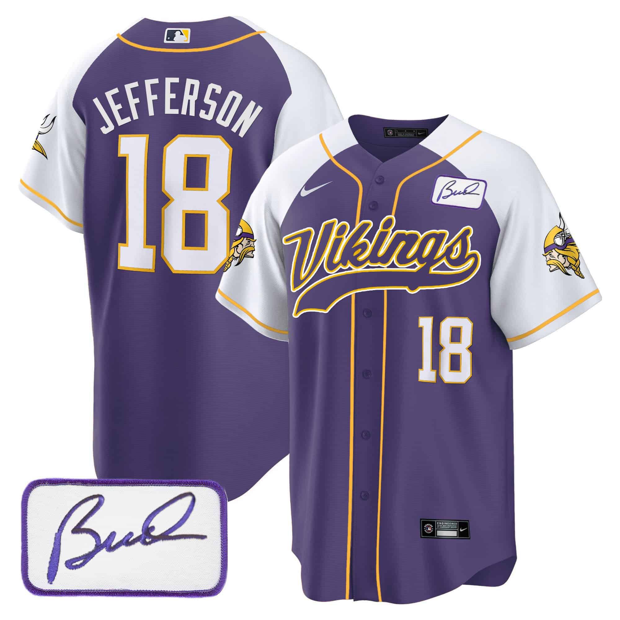 Men Minnesota Vikings 18 Jefferson Purple 2024 Nike Bud Grant Patch Classic Baseball NFL Jersey